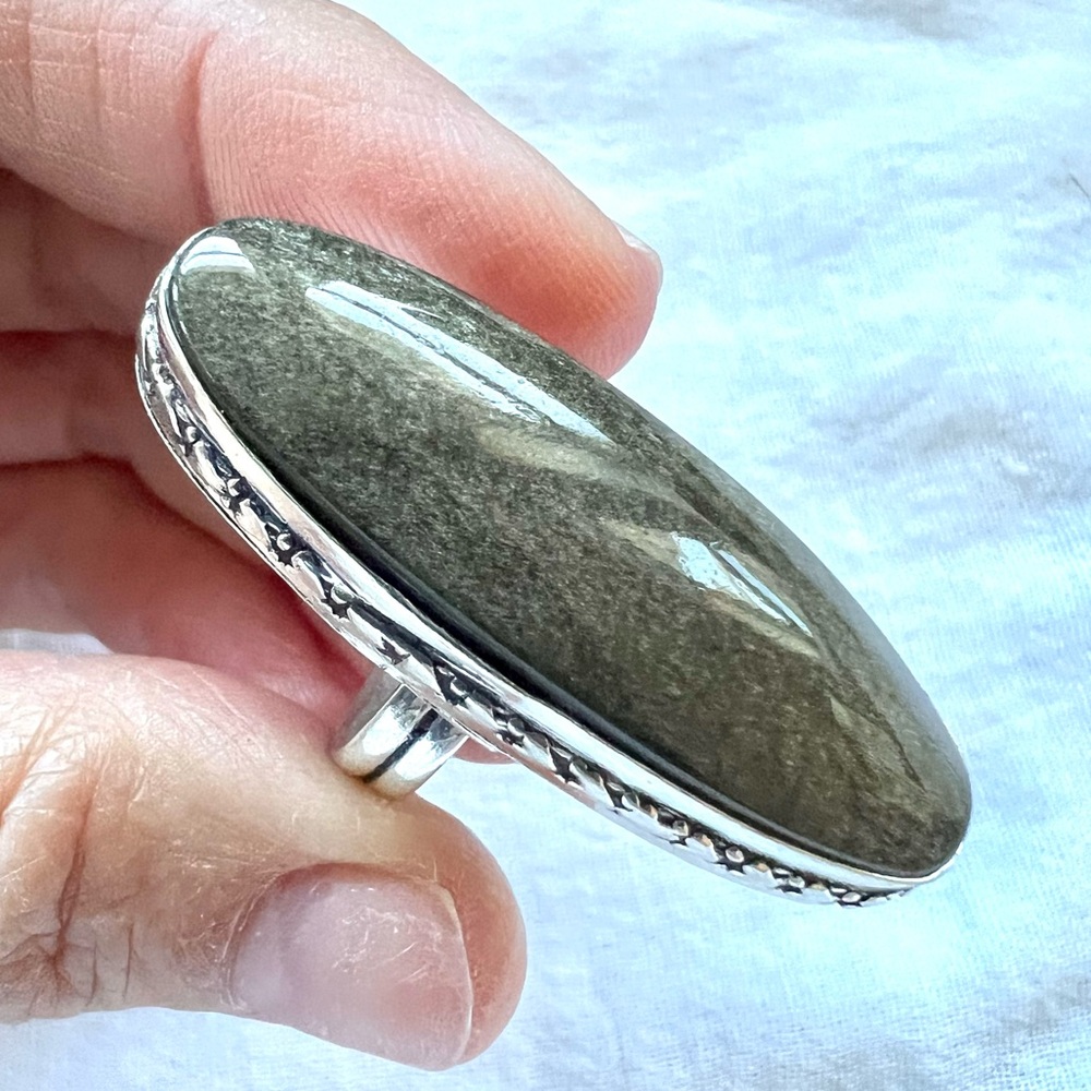 925 Protection Long Obsidian Oval Ring 5.25